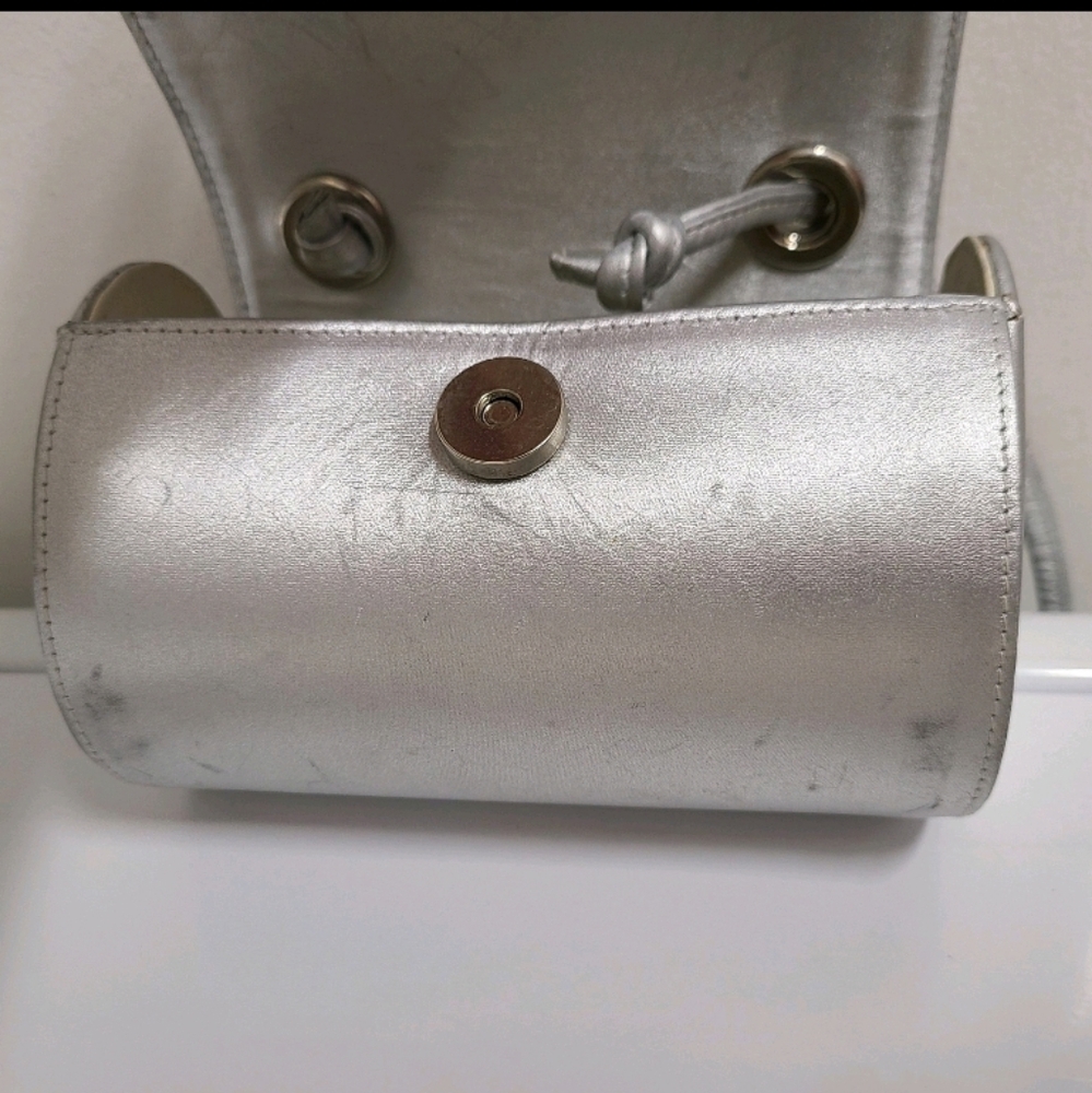 Stuart Weitzman VINTAGE Silver Satin Round Crossbody Bag with Leather Strap - Picture 14 of 14